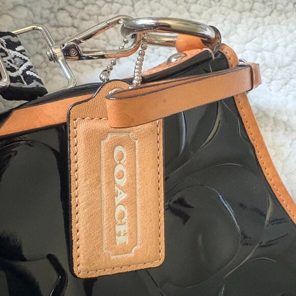 Vintage Coach Peyton Black Patent-Leather Shoulder Bag Tan Leather Trim - Picture 8 of 12